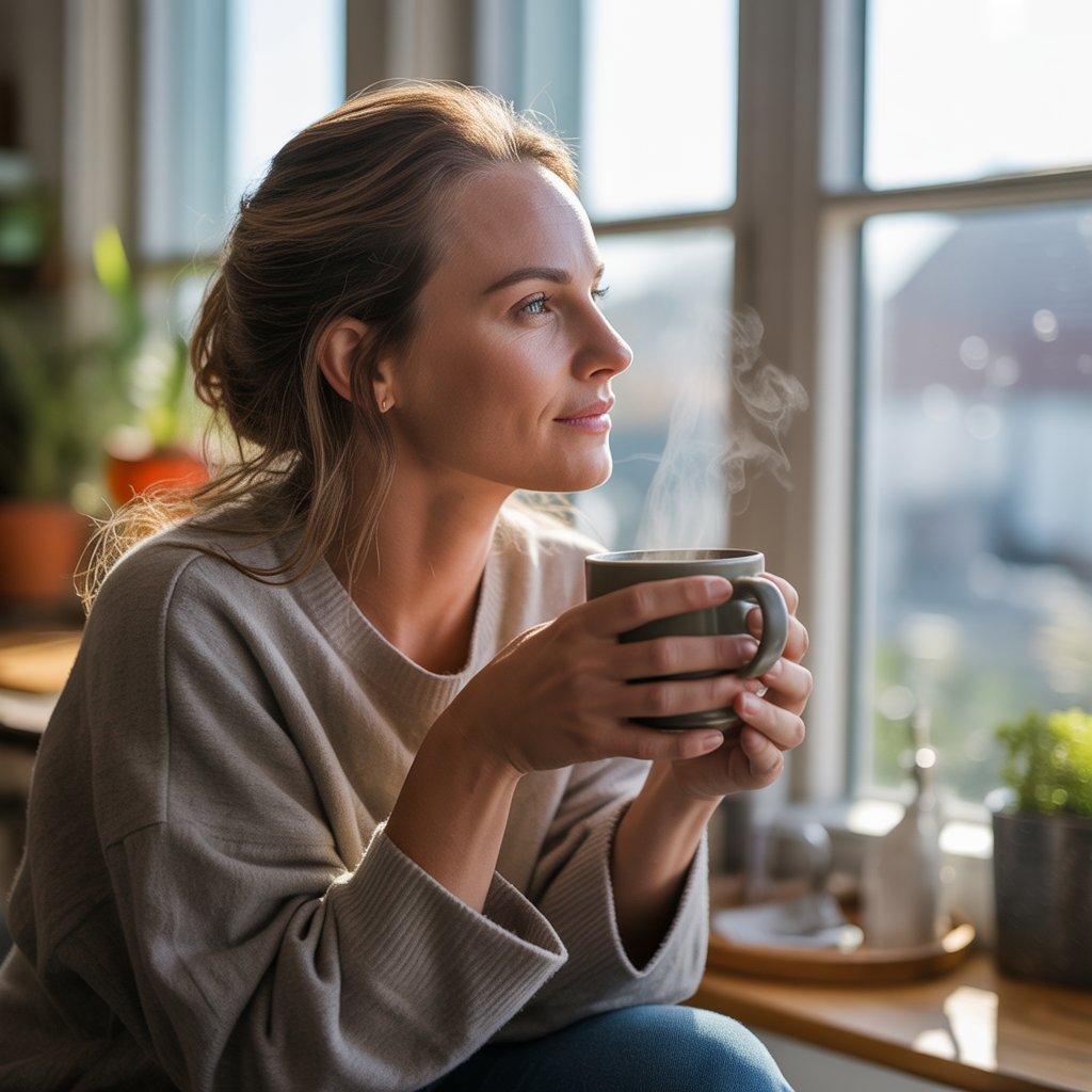 Mujer en calma sosteniendo una taza